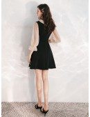 Simple A Line Short Little Black Dress With Sheer Collar Sleeves