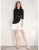 Special Short Sleeved A Line Black Dress With White Skirt