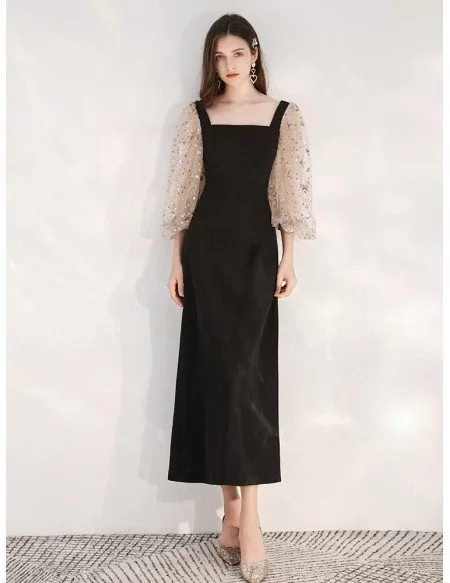 Slim Tea Length Black Scoop Formal Dress With Sequin Sleeves #HTX88028 ...