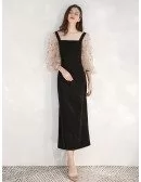 Slim Tea Length Black Scoop Formal Dress With Sequin Sleeves