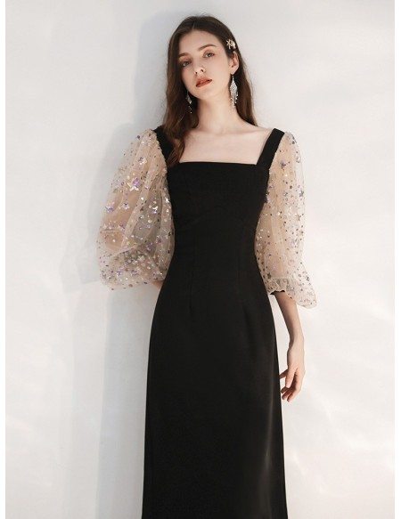 Slim Tea Length Black Scoop Formal Dress With Sequin Sleeves