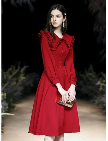 Sweety A Line Tea Length Burgundy Party Dress With Sleeves