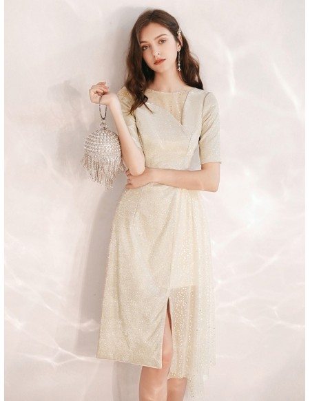 Sparkly Sequin Champagne Short Sleeves Party Dress With Slit Front