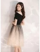 Off Shoulder Black And Champagne Party Dress With Obmre Sequin Skirt