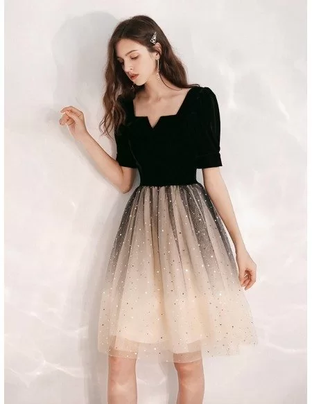 Obmre Black And Champagne Sequin Party Dress With Short Sleeves