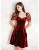 Simple A Line Short Velvet Burgundy Dress With Sleeves
