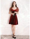Simple A Line Short Velvet Burgundy Dress With Sleeves