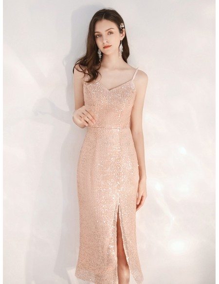 Sexy Sparkly Sequin Tea Length Party Dress With Slit