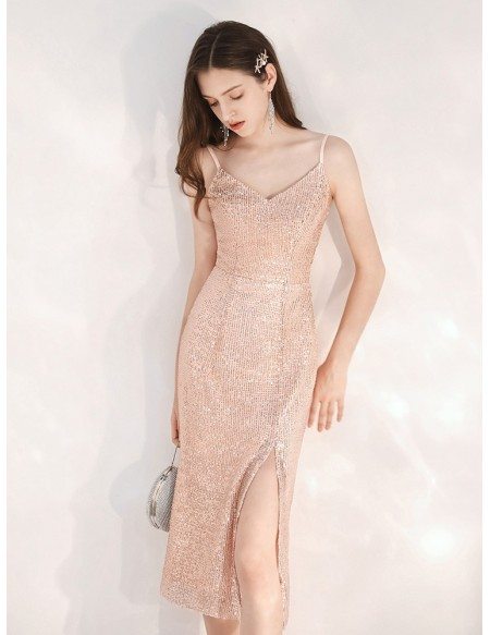 Sexy Sparkly Sequin Tea Length Party Dress With Slit