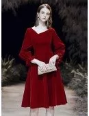 Beautiful Knee Length Velvet Burgundy Party Dress With Flare Sleeves