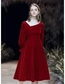 Beautiful Knee Length Velvet Burgundy Party Dress With Flare Sleeves