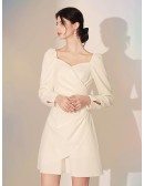 Pleated Short White Fitted Formal Dress With Long Sleeves
