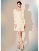 Pleated Short White Fitted Formal Dress With Long Sleeves