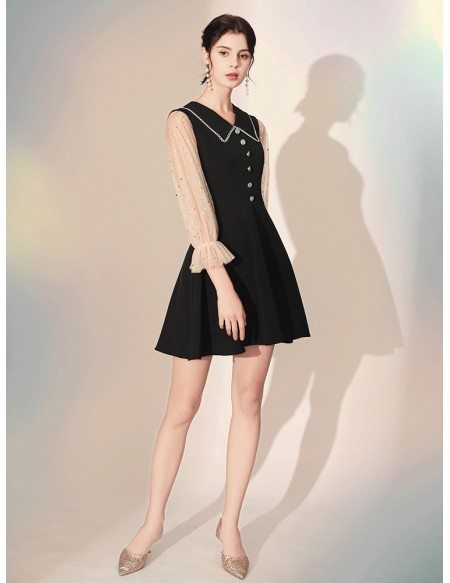 3/4 Sleeves Black Short Party Dress With Collar Buttons