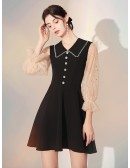 3/4 Sleeves Black Short Party Dress With Collar Buttons
