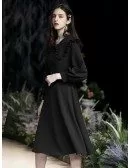 Elegant Tea Length Black Casual Dress With Long Sleeves
