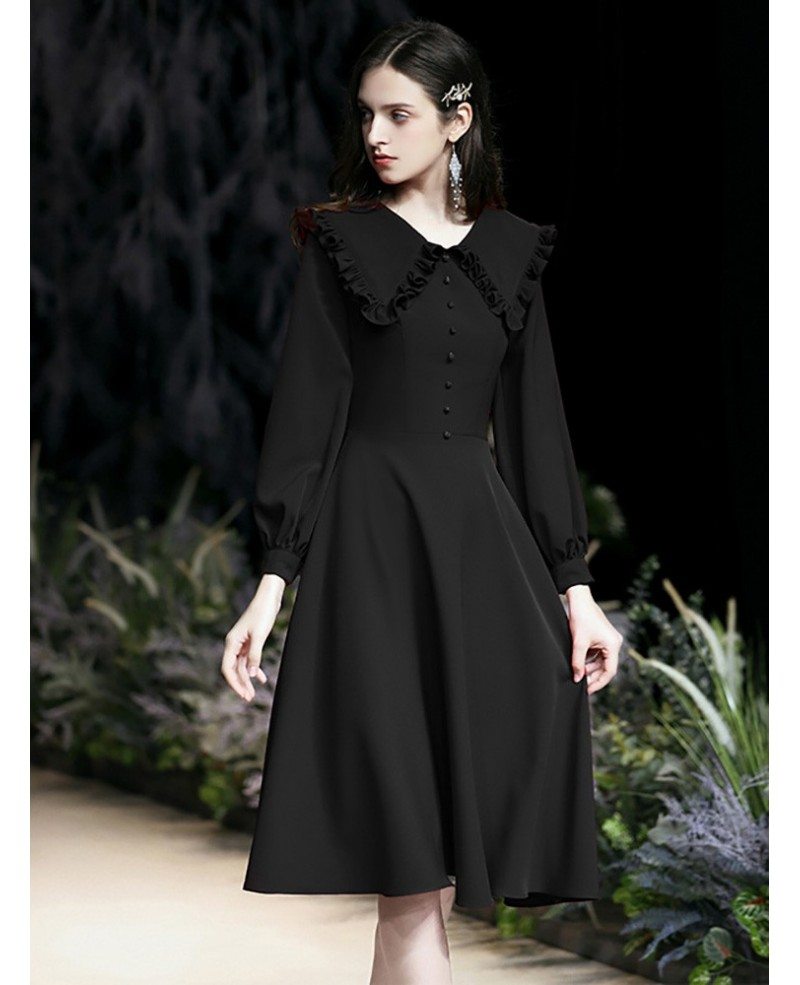 Elegant Tea Length Black Casual Dress With Long Sleeves #HTX88049 ...