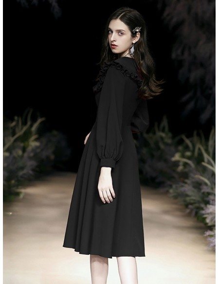 Elegant Tea Length Black Casual Dress With Long Sleeves