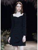 Fashion Short Scoop Neck Black Formal Dress With Long Sleeves