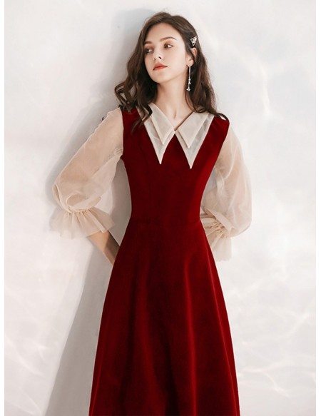 Burgundy A Line Tea Length Party Dress With Collar Sleeves #HTX88051 ...