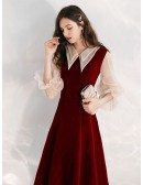 Burgundy A Line Tea Length Party Dress With Collar Sleeves