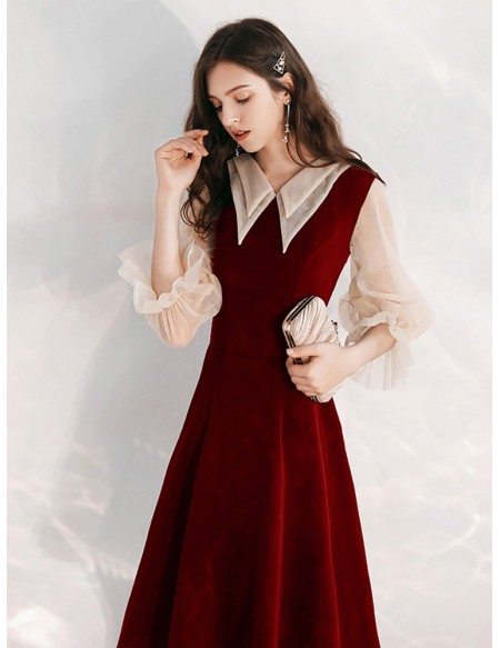 Burgundy A Line Tea Length Party Dress With Collar Sleeves