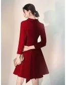 Retro Collar Simple Burgundy Short Party Dress With Long Sleeves