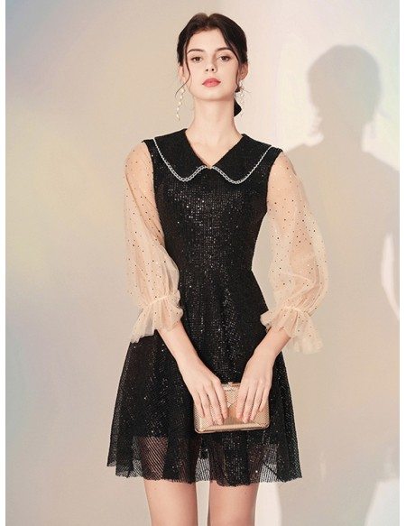 Shining Lace Black Short Party Dress With Sequin Sleeves