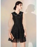 Shining Lace Black Short Party Dress With Sequin Sleeves