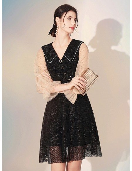 V Neck Shiny Lace Simple Black Party Dress With Buttons