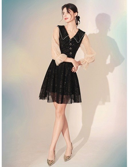 V Neck Shiny Lace Simple Black Party Dress With Buttons