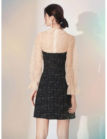 Modest Sparkly Sequin Lace Little Black Dress With Champagne Sleeves