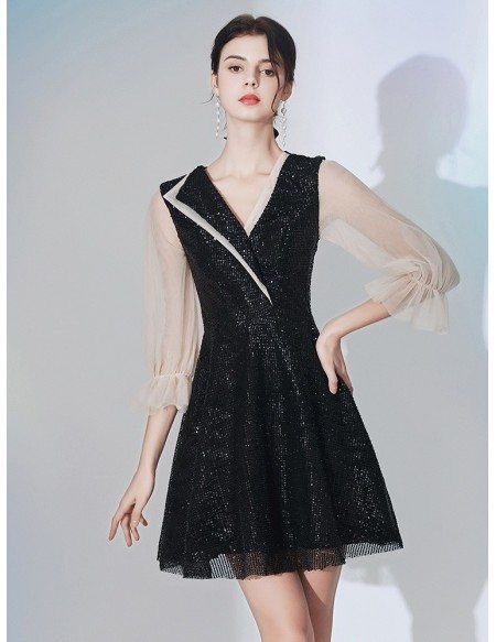 V Neck Sequin Lace Short Sleeved Party Dress In Black