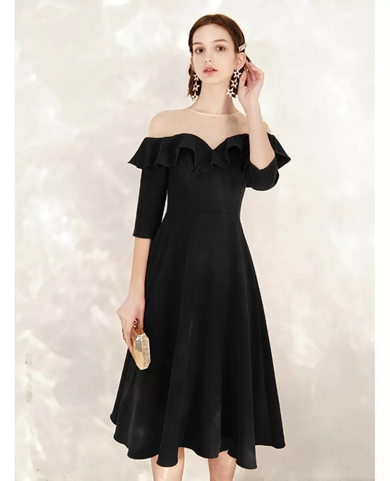 Tea Length Black A Line Formal Dress With Sheer Neck #HTX88058 ...