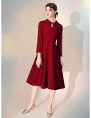 Simple Tea Length Sleeve Burgundy Party Dress With Retro Collar