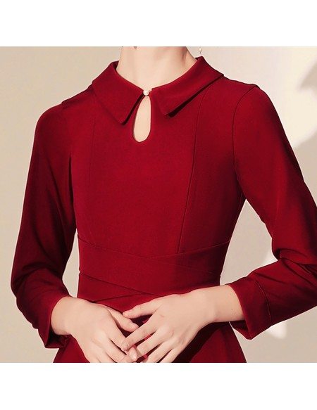 Simple Tea Length Sleeve Burgundy Party Dress With Retro Collar