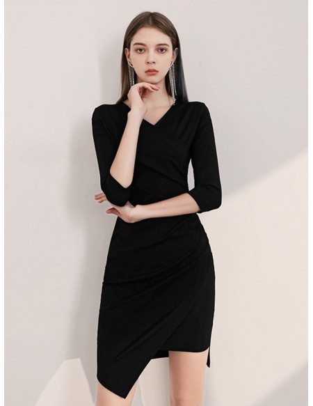 Sexy Fitted Hi-lo Sleeved V Neck Little Black Party Dress