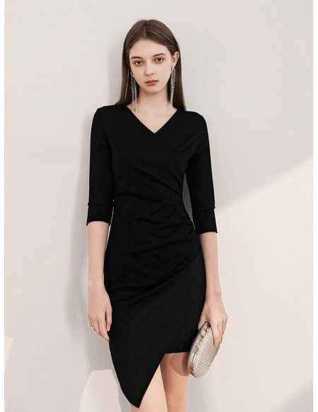 Sexy Fitted Hi-lo Sleeved V Neck Little Black Party Dress