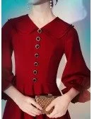 Modest Simple A Line Short Sleeved Burgundy Party Dress With Buttons