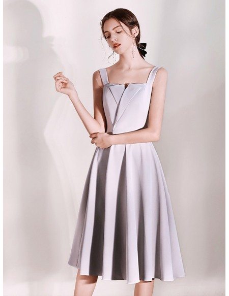 Simple A Line Tea Length Grey Party Dress With Straps