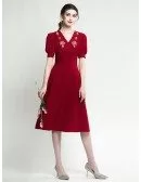 Sleeved Short Burgundy Party Dress With Embroidery V Neck