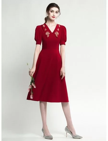 Sleeved Short Burgundy Party Dress With Embroidery V Neck
