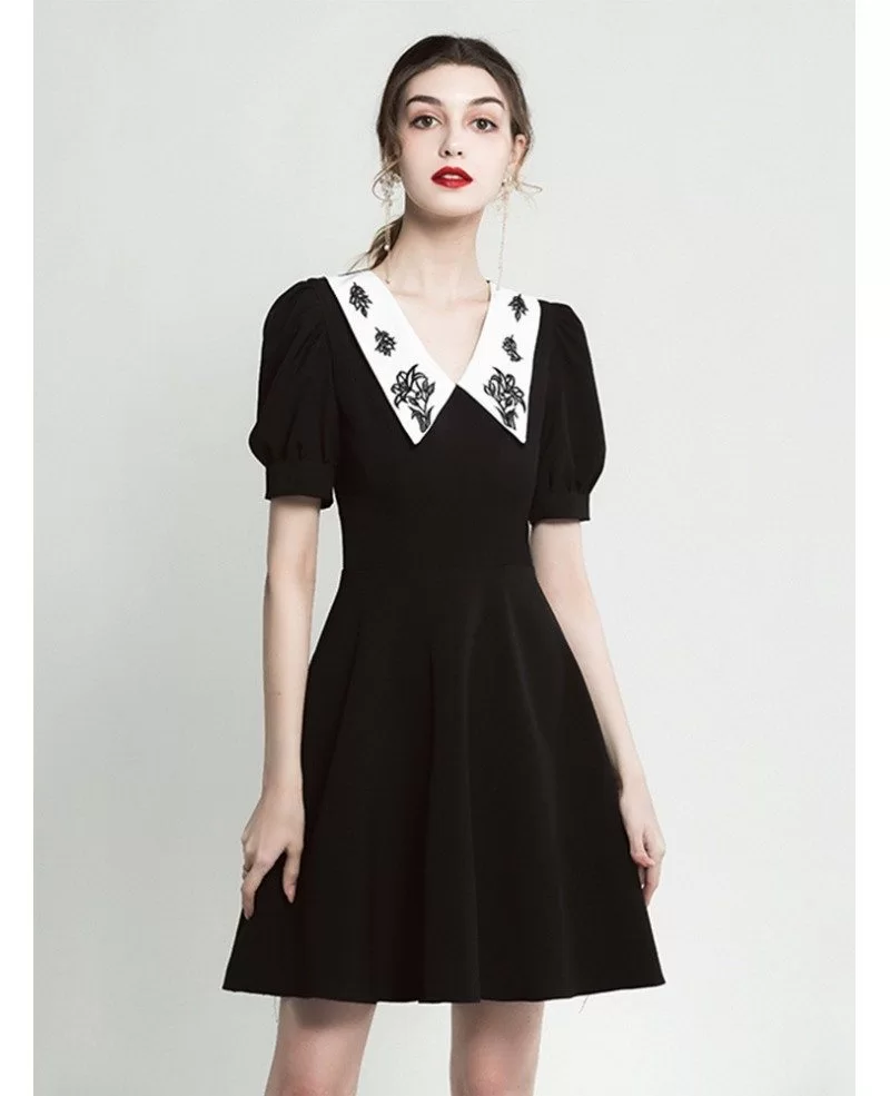 A Line Short Sleeve Black Party Dress  With Embroidery 