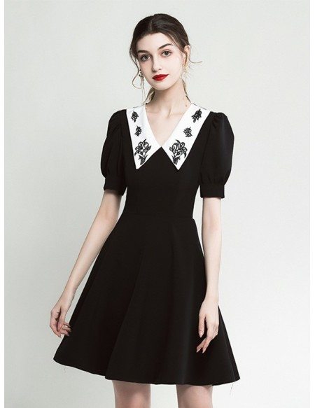 A Line Short Sleeve Black Party Dress With Embroidery Collar Neck # ...