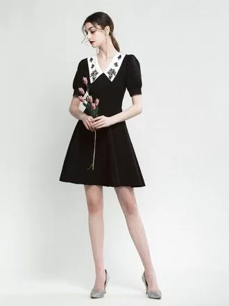 A Line Short Sleeve Black Party Dress With Embroidery Collar Neck