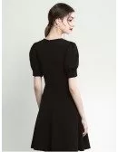 A Line Short Sleeve Black Party Dress With Embroidery Collar Neck