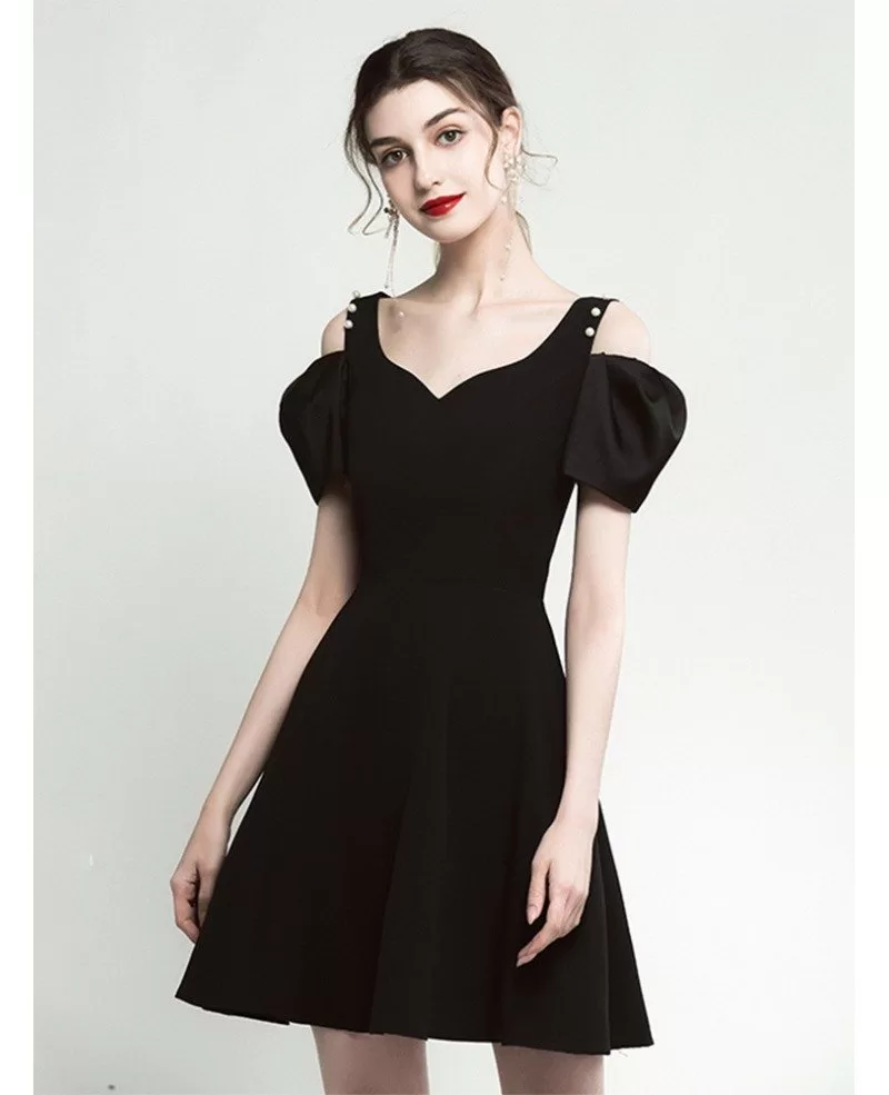 Simple A Line Little Black Casual Dress With Off Shoulder Sleeves # ...