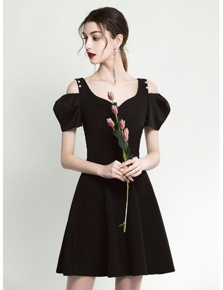 Simple A Line Little Black Casual Dress With Off Shoulder Sleeves