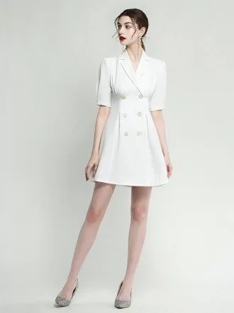 Modern White Short Sleeve Formal Cocktail Dress With Buttons
