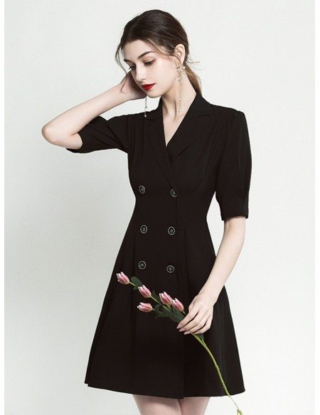 Modern V Neck Short Sleeve Little Black Cocktail Dress With Buttons